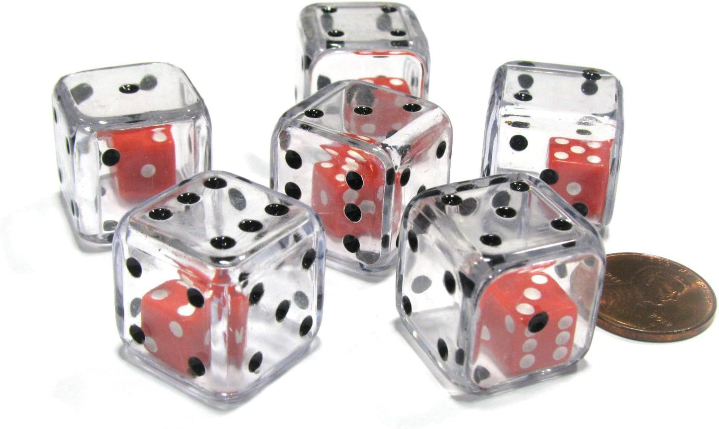 Set of 6 D6 19mm Double Dice, 2-In-1 Dice - Red Inside Clear Die by Koplow Games