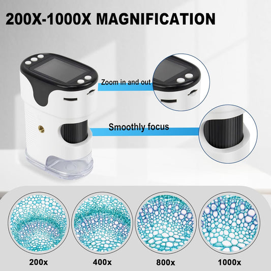 1000X Handheld Digital Microscope for Kids 2'' HD Screen 4K Rechargeable Mini Pocket Microscope with Slide Kit, Microscope Stand, 32G SD Card for Education Gift Age 4-6 8-12 Children