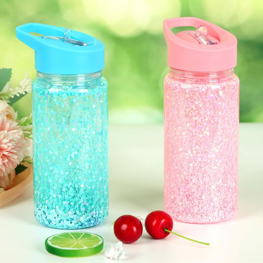 5 Pack 10 Oz Plastic Snow Globe Tumbler for Kids with Pre-Drilled Hole and Plug, Leak Proof Double Wall Snow Globe Sports Water Bottles with Portable Handle for Glitter DIY Gift, Mixed Color