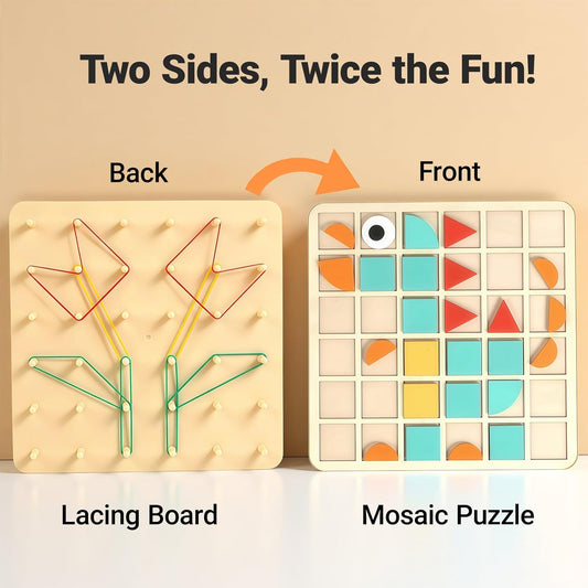 2-in-1 Mosaic Shape Wooden Pattern Blocks Puzzle & Wooden geoboard, Double-Sided Montessori Toys with 120 PCS Blocks, 40 Rubber Bands, 30 Cards