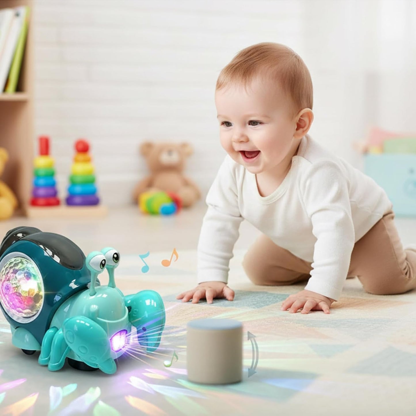 Transponder Snail Toy, Electric Interactive Crawling Crab Baby Toy with Lights & Music, Automatic Obstacle Avoidance, Encourages Movement and Fine Motor Skills for Toddlers Infants, Black