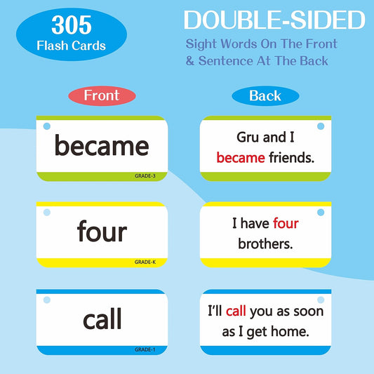 305 Dolch & Fry Sight Words Flash Cards, Include 250 Words with Sentences Plus 50 Blank Cards and 5 Index Cards, Educational Word Reading Flash Cards for Preschool to 3rd Grade