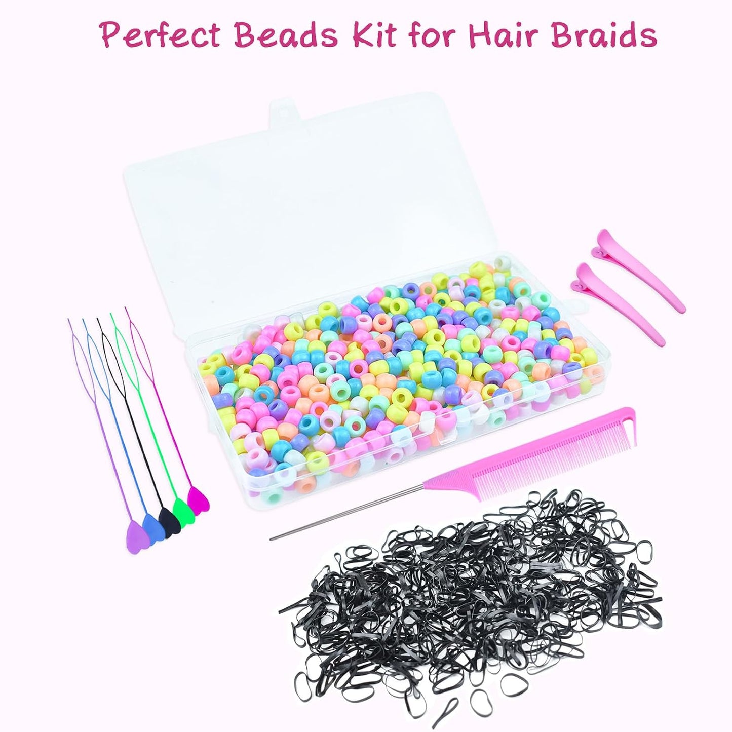 1008 Pcs Hair Beads Set with Hair Styling Tool, 500Pcs Pony Beads, 500Pcs Small Elastic Rubber Bands, 1Pcs Rattail Comb, 2Pcs Duckbill Clips, 5Pcs Quick Beaders for Kids and Girls Hair Braids