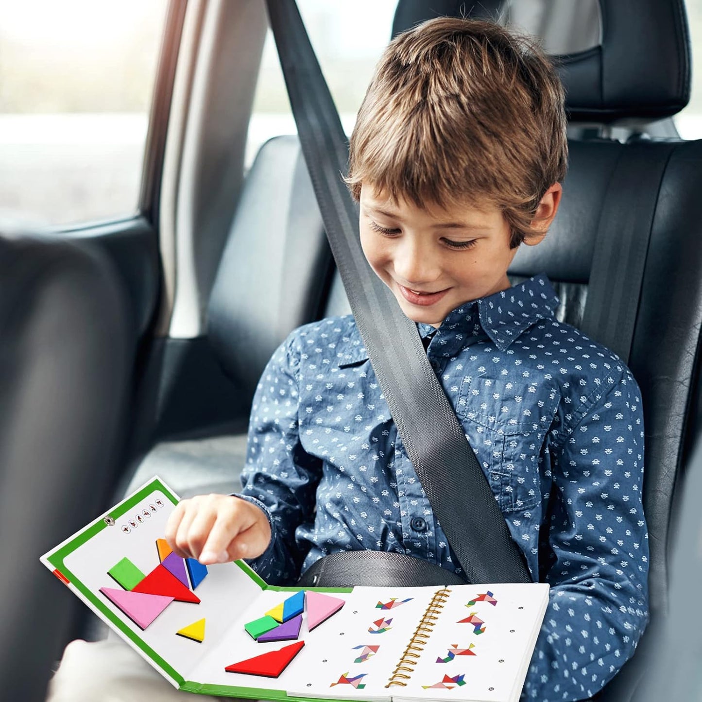 Travel Tangram Puzzle Car Game Magnetic Pattern Blocks Road Airplane Trip Essentials Activities Montessori Educational Toys Brain Teasers Book for Age 4-8 Kids Boys Girls Toddler (240 Solution)