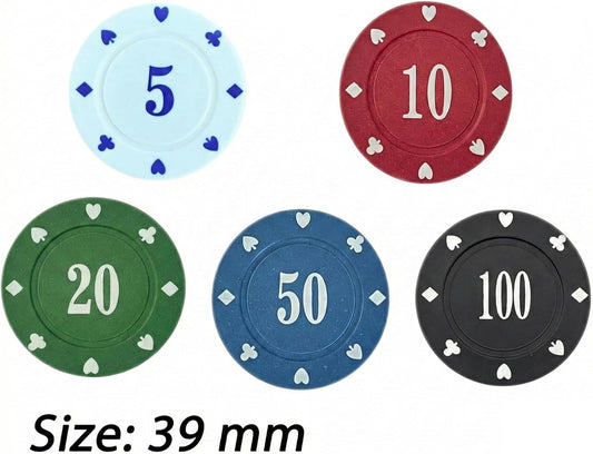 100-Piece Numbered Poker Chips Set with Clear Acrylic Case, 5/10/20/50/100 Denominations, Durable ABS Plastic Gaming Tokens for Texas Hold'em, Blackjack, Math Counting and Party Games