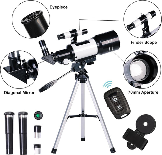 Telescope for Adults & Kids, 70mm Aperture Refractor (15X-150X) Portable Travel Telescope with Phone Adapter & Wireless Remote, Astronomy Beginners Gifts, Black