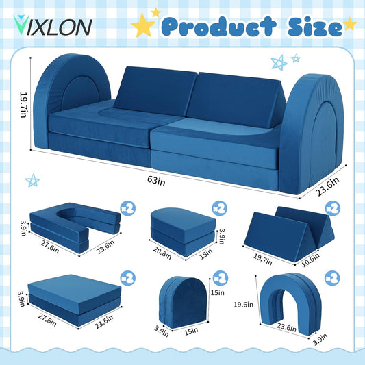 Tangram Puzzles modular kids play couch building fort, Children explorer sofa with Ball Pit, Kids playroom convertible furniture for Inspiring Child Creativity, Made entirely of sponge (Blue Series)