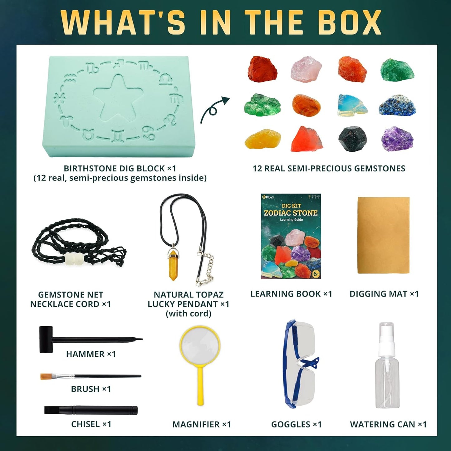 PIBEX Birthstone Dig Kit, Excavate 12 Real Gems & Crystals, DIY Gemstone Necklace & Bonus Pendant, STEM Educational Gemology Toy, Rock Geology Gifts for Boys & Girls 6-12