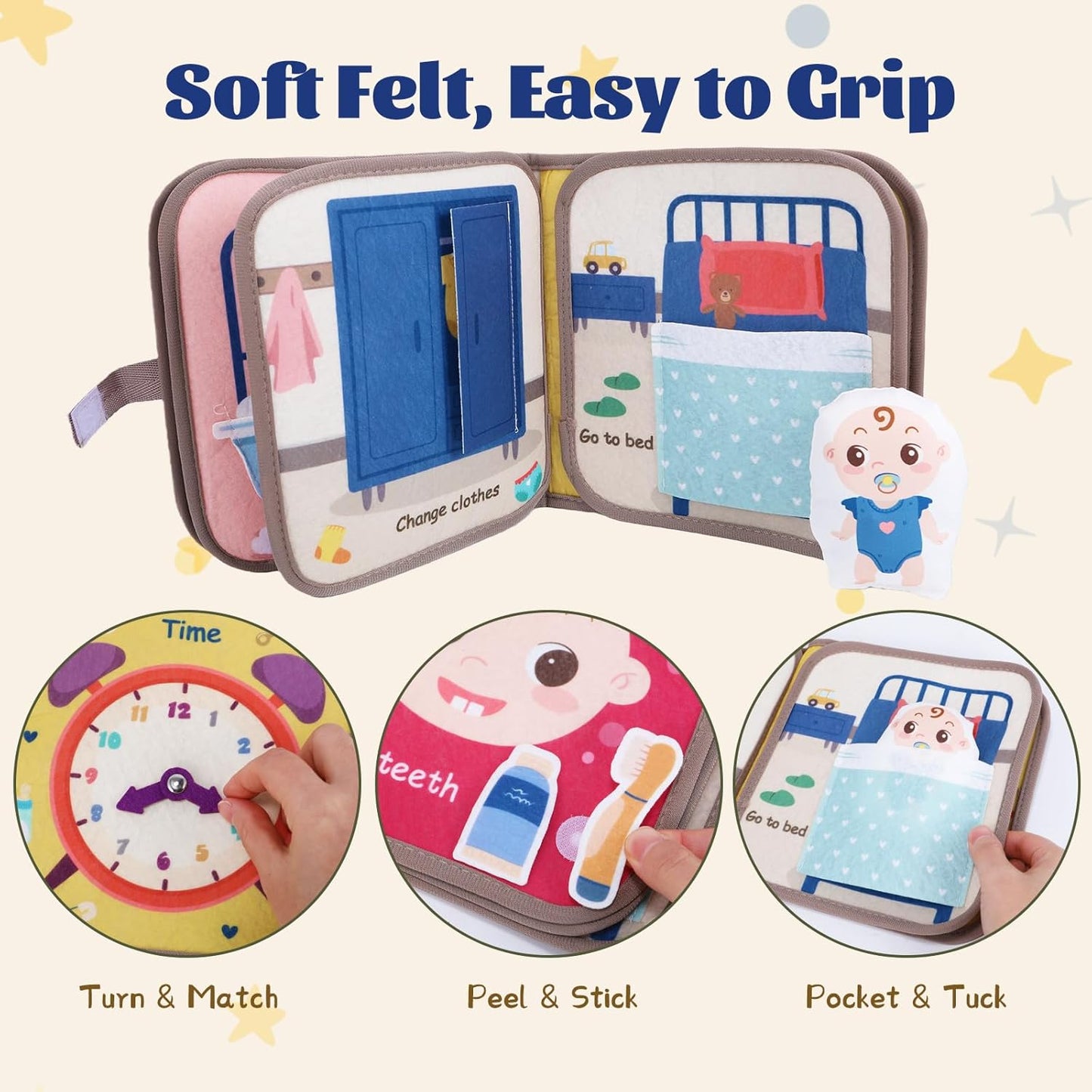 NewFamily Baby's Day Busy Book for Toddlers -MontessoriQuiet Book with 8 Daily Routines, Fine Motor & Life Skills.Screen-Free Travel Toy for Airplane & Car, Gifts for 2-4 YearOld Boys & Girls