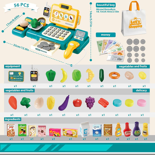 Cash Register Toy for Kids,Toddler Pretend Play Store with Real Calculator,Scanner,Play Food, Money & Credit Card,Supermarket Checkout Set, Math Skills Learning Toys,Birthday Gift for Boys Girls-Red