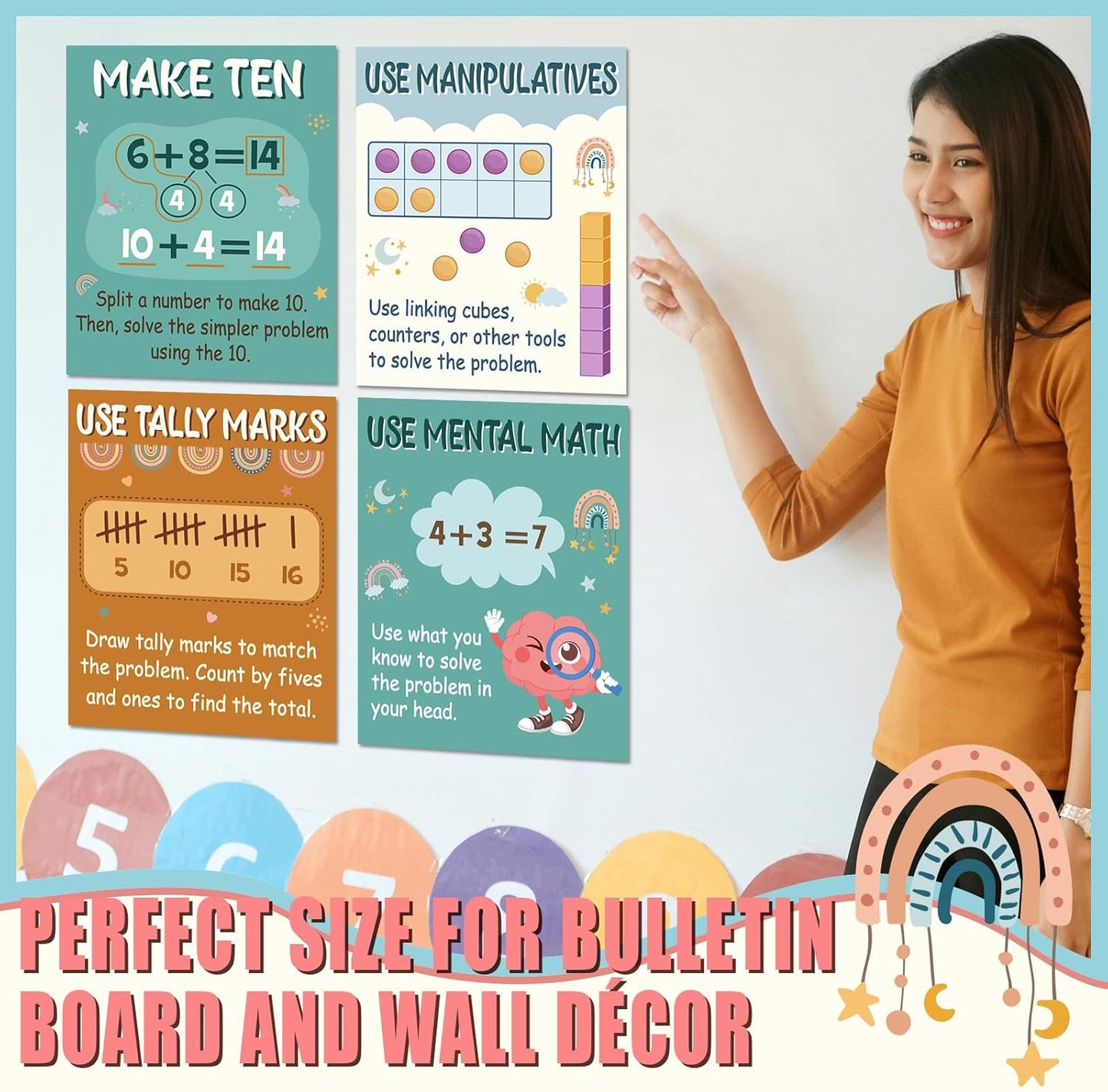 Funrous 14 Pcs Boho Mathematics Strategy Posters Educational Math Posters Counting Addition and Subtraction Math Manipulatives Bulletin Board Wall Decorations Supplies