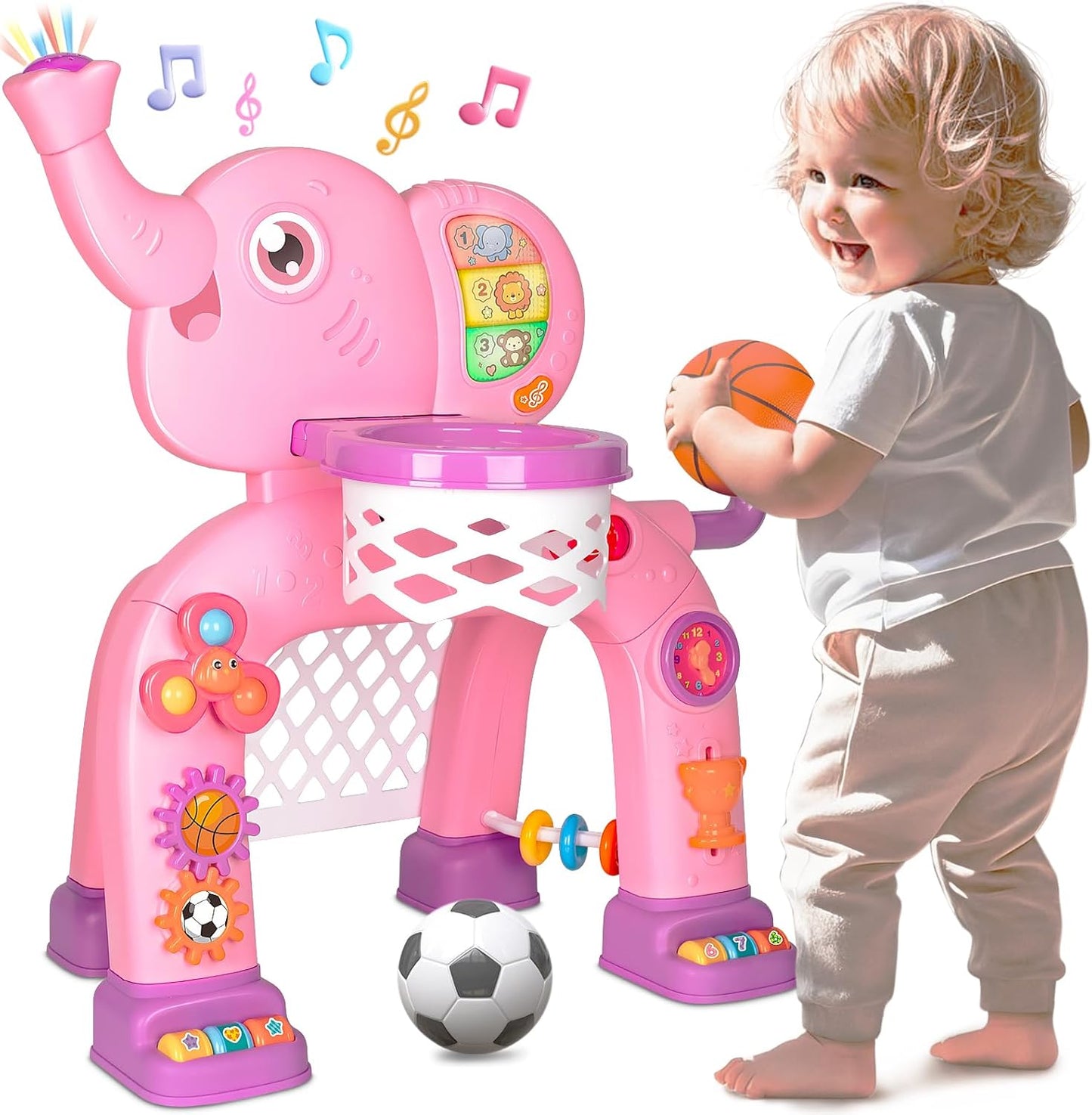 Toddler Basketball Hoop & Soccer Goal, Toys for 1 2 3 Year Old Boys Girls, Kids Sports Toy with Light Sound Music, Montessori Toys for Baby 12-18 Months, Christmas Birthday Gifts for Ages 1-3(Pink)