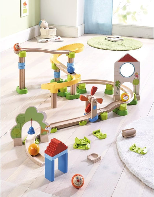 HABA Ball Run Expansion Set, Kullerbu Connectors and Base Building Set for Elevated Marble Runs and Tracks - 8 Piece STEM Toys Accessory Set