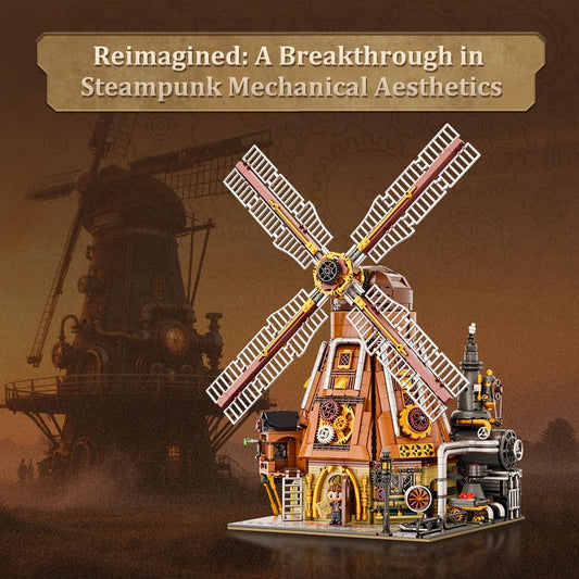 PANTASY Steampunk Windmill Workshop Building Set - Dutch Windmill Architecture with Mechanical Drive with Motorized Rotating Blades,Gear Details,and Openable Wall - Collectible Display Kit for Adults