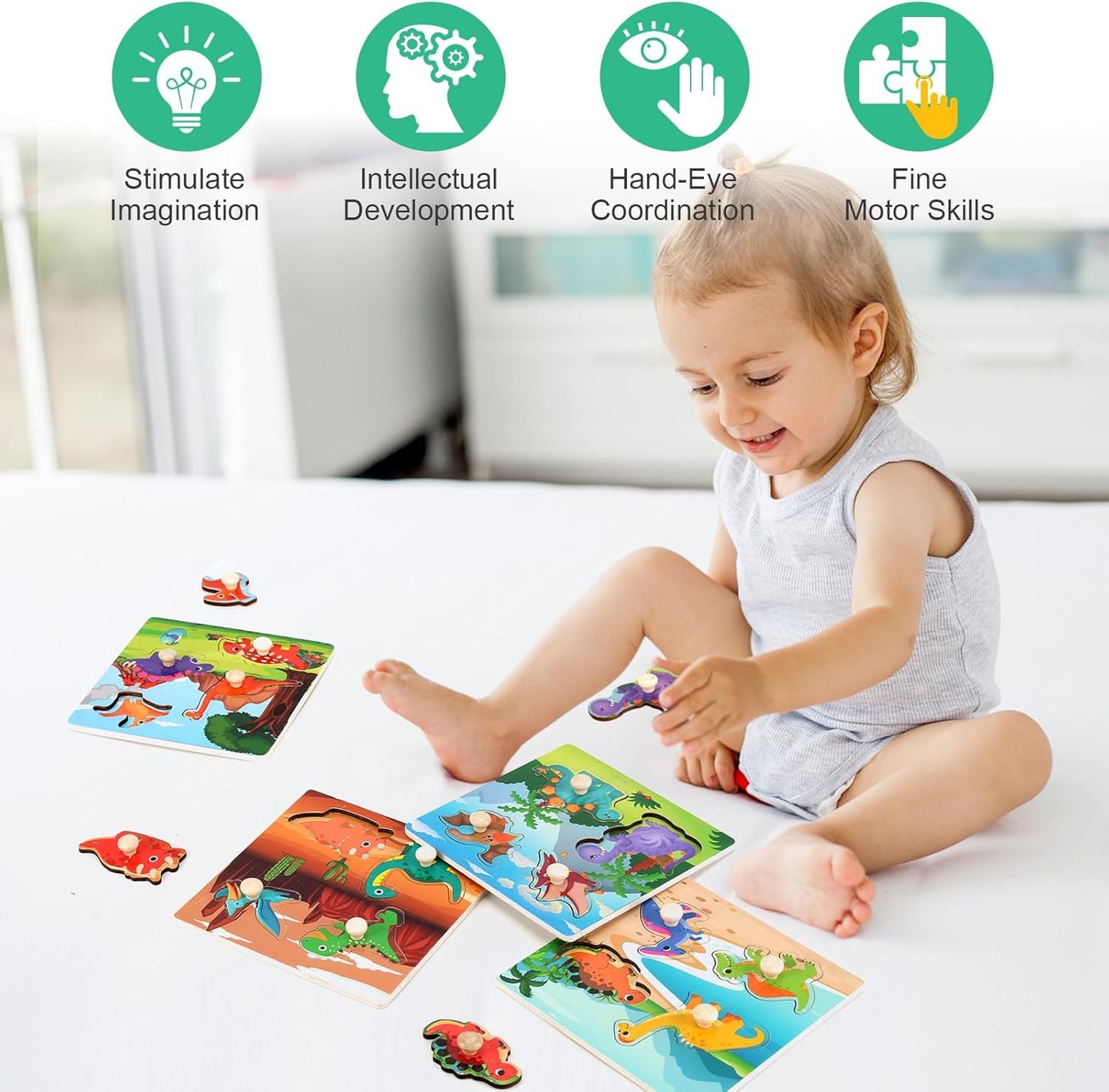 Wooden Peg Puzzles for Toddlers 1-3, Kids' Educational Preschool Peg Puzzle Toy, Set of 4 Toddler Puzzles - Farm, Dinosaur, Fruit and Marine Animals, Ideal Gift for Ages 1 2 3 Boys and Girls