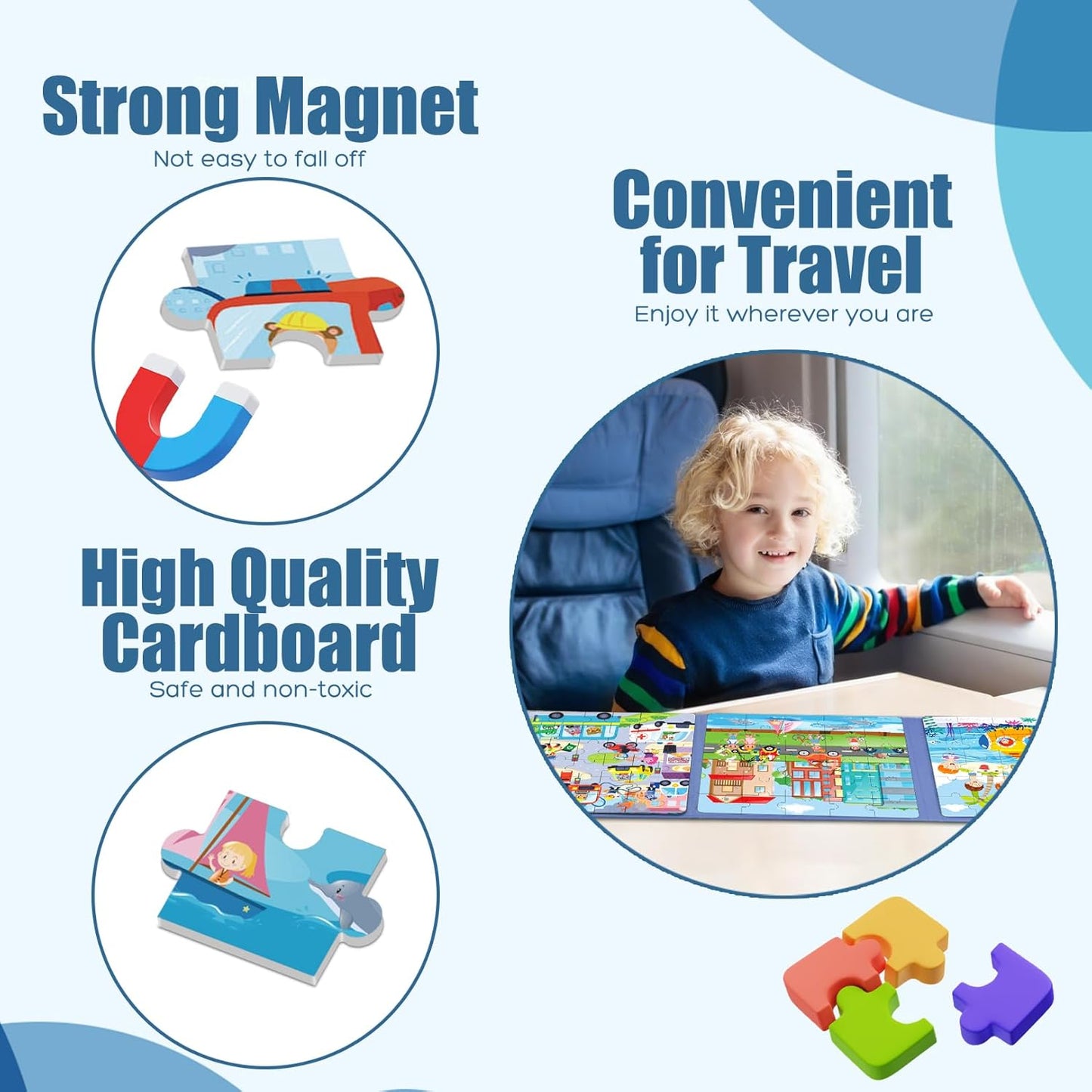 Magnetic Puzzles for Toddlers 3-5, 75-Pieces Travel Toys, Animal Jungle Puzzles Ages 4-6, Educational Learning Magnets, Road Car Trip & Airplane Activities Toys for 3 4 5 6 7 Girls Boys Gift