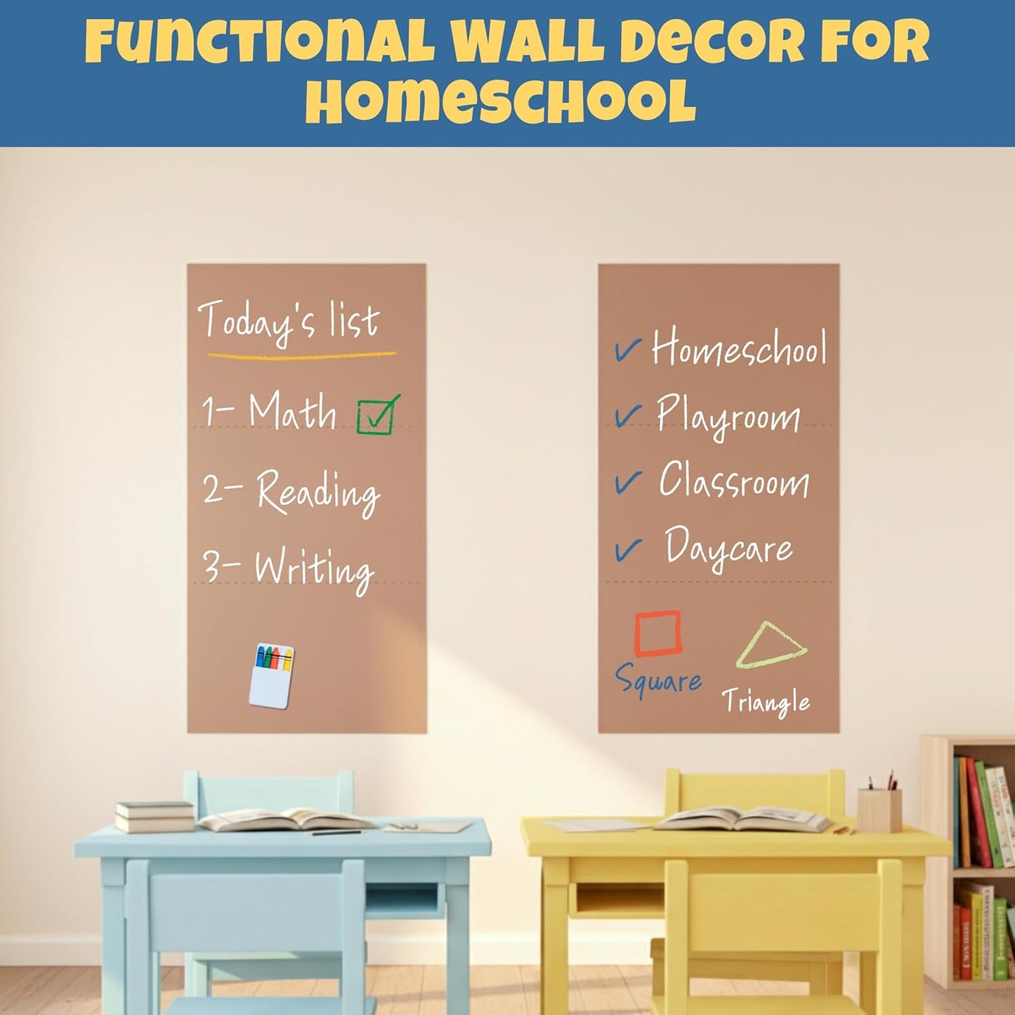 Magnetic Chalkboard Wall Decal for Kids – Set of 6 Peel and Stick Magnet Sheets with Chalk, Tangram Puzzle, and Holder – Modular Learning and Drawing Board for Homeschool, Playroom, Classroom