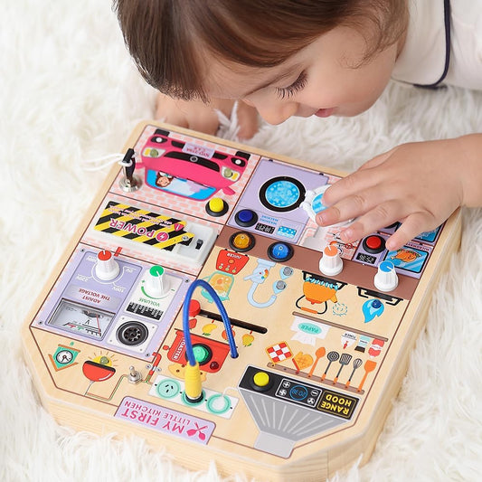 JAUNTY Montessori Wooden Busy Board for Toddlers 3 4 5 Years Old, Wooden Sensory Toddler Toys with LED Light Switches, TV Radio Telegram and Car Driving, Travel Toys Birthday for Boys Girls