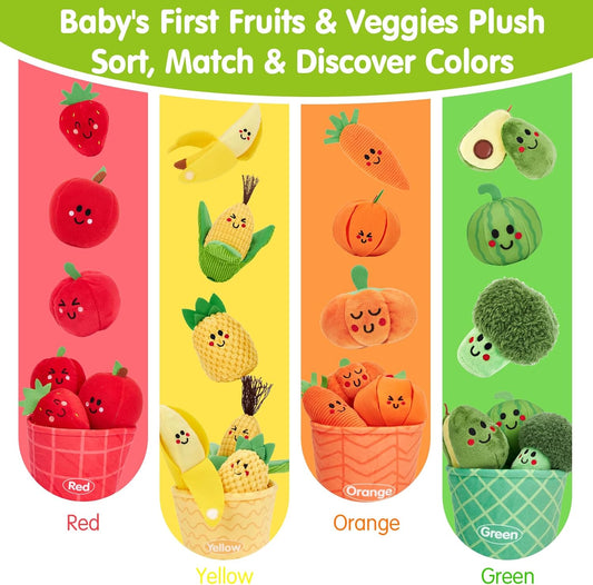 hahaland Montessori Toys for 1 Year Old - 17 PCS My First Fruit Vegetable Sensory Toys Color Sorting Plush Play Food with Caterpillar Storage Bag, 6 9 Month Old Baby Toys 6-12 Months One Year Old Gift