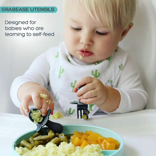 Grabease Baby Feeding Utensils - Anti-Choke Collar & Toddler Fork for Ages 1-3 - Easy-Grip Curved Handle Infant Spoon - Dishwasher-Safe Convenience & Baby Cutlery - Teal