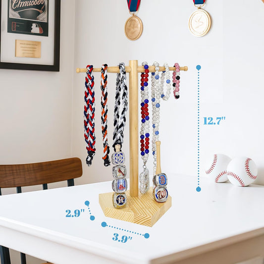 rain bunny Wooden Baseball or Softball Drip Necklace Organizer Holder, Championship Ring Display Holder, Softball Ring Holder, Drip Necklace Baseball Display Gift (Walnut Red)