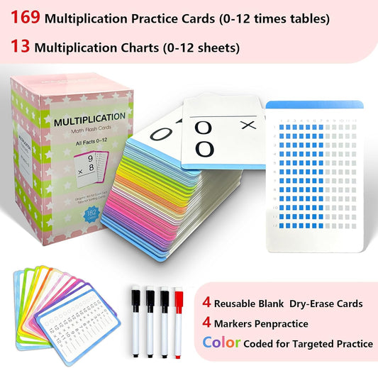 182 Multiplication Flash Cards for Kids Ages 8-12 - Multiplication Table | Math Flash Cards 0-12 All Facts (Answer on Back) | Includes 4 Dry Erase Markers, Workbook & Game | Classroom or Homeschool