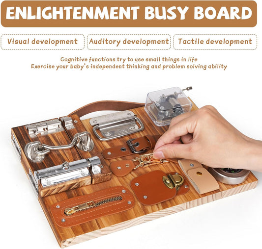 Montessori Busy Board for Toddlers Wooden Sensory Montessori Toys,Travel Toy Fidget Board Learning Activity Board for Fine Motor Skills Boys & Girls, Educational Learning Toy with Locks,Latches