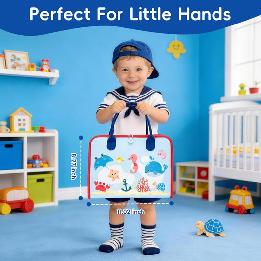 Busy Book for Toddlers - Montessori Sensory Toys for Travel, 4-Page Fine Motor Activity Board Gift for Boys & Girls (Ocean)