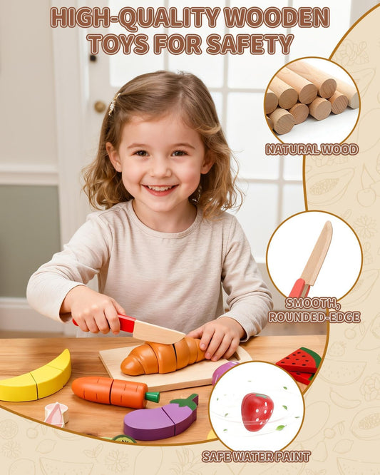 Wooden Play Food Set for Kids Kitchen - Pretend Cutting Toys with Fruits, Vegetables, Meat & Bakery - Montessori Sorting Toy for Boys & Girls Ages 3-8 - Ideal Gift for Christmas & Birthday