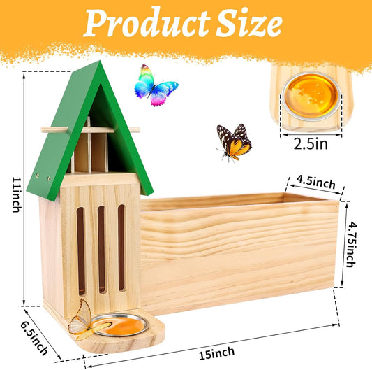 New Butterfly House and Feeder for Outside, Wooden Butterfly House with Metal Stake for Garden, Natural Butterfly Habitat with Butterfly Puddler on The Floor or Hanging on Tree Wall