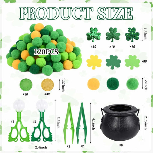 302 Pcs St. Patrick's Day Sensory Bin Fillers Fine Motor SkillsSt. Patrick's Decorations Pompoms Cups Shamrock Tweezers Scissor Clips for St. Patrick's Sorting Counting