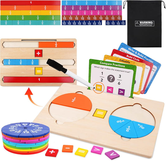 Wooden Fraction Manipulatives Set, Double-Sided Fraction Circles & Fraction Tiles with Addition & Subtraction Symbols, Montessori Math Learning Toy for Homeschool & Elementary Classroom Grade K-3