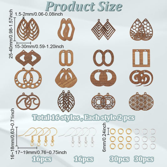 Wooden Dangle Earring Making Kit for Jewelry Making with 48Pcs 8 Western Style Wooden Colorful Pendants Teardrop Charms 48Pcs Earring Hook 100Pcs Jump Rings Gold Silver