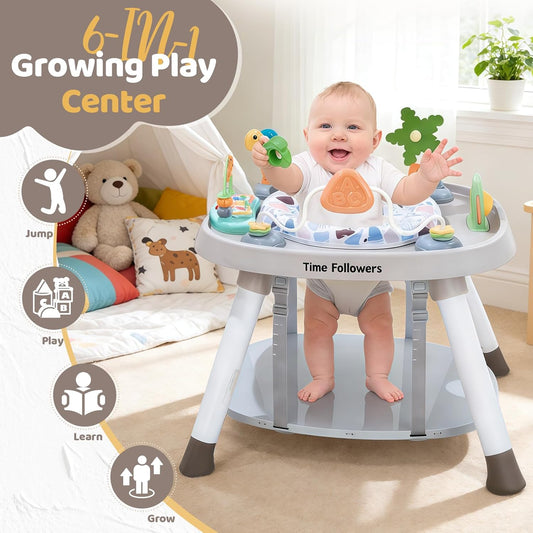 Time Followers® 6-in-1 Baby Activity Center | 4 Stage Montessori-Inspired Toys | Grow Stationary Standing Toddler Table | Jumpers & Bouncers | Must Have for Boy & Girl 6, 12, 24+ Month Old (White)