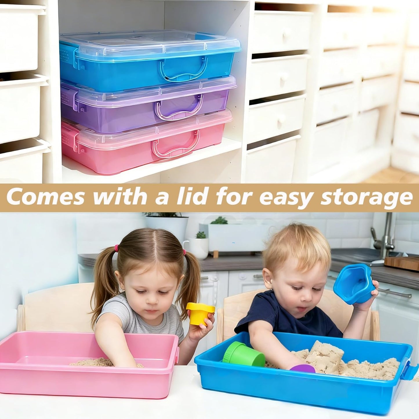 4 Qt (3.8L) Sensory Bin With Lid - 3 Pack, Stackable Storage Sensory Bins with Lids, Portable Sandbox, Organizers Sand, Arts, Crafts, (Blue, Green, Purple)