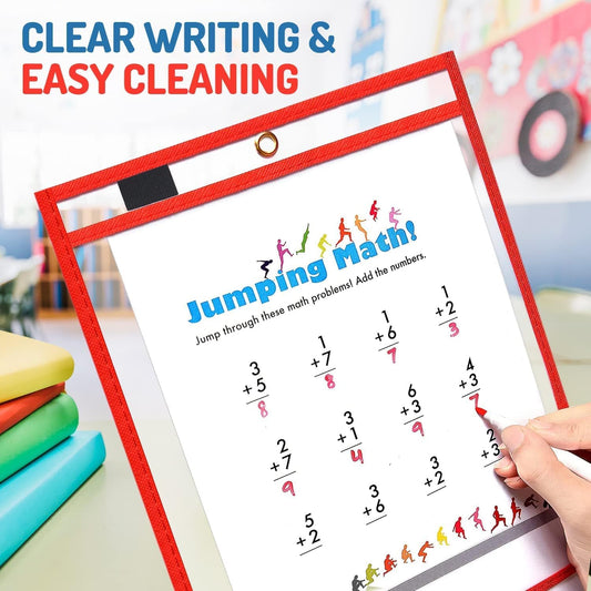 Dry Erase Pockets - 10 x 13 Reusable Dry Erase Pocket Sleeves for Work & School Worksheets - Heavy Duty Clear Pocket Sleeves - Quickly Wipe to a Flawless Clean (50 Pack Multicolor)