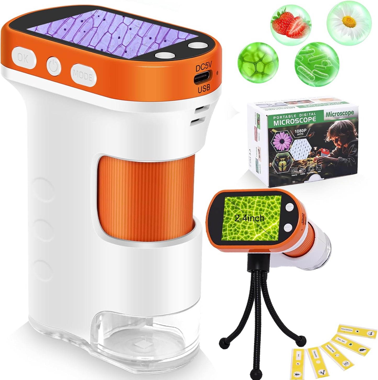 OZSTAR Microscope for Kids 1000x Magnification, 2.4-inch ScreenPocket Microscope with Photo and Video Recording (with Slide Kit) Portable Educational Gift