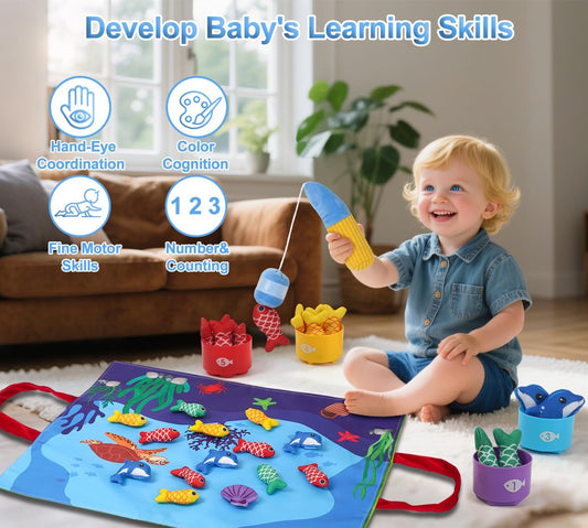 28PCS Educational Toys for 1 Year Old,Cloth Fishing Game Learning Toys for Toddlers 1-3,Baby's Sensory Toy First Fishing for Sorting Learning Baby Toys,Toddler Toy Montessori for 1 Year Old