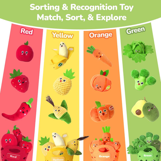 Baby Color Sorting Sensory Toys for 6-12 Months - 17 PCS Fruit Veggie Pretend Play Food Plush Toy for Toddlers 1-3, Montessori Toys for 1 Yeal Old, Boy Girl Birthday Gift Basket Stuffers