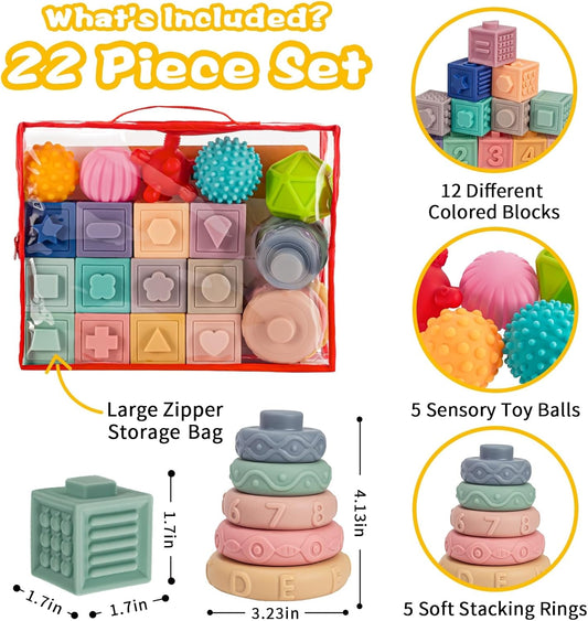 SpringFlower 3 in 1 Montessori Toys for Babies 0-3-6-12 Months, Soft Baby Teething, Stacking Building Blocks for Infants, Sensory Developmental Education Toys for Toddler Baby 12-18 Months,22 PCS