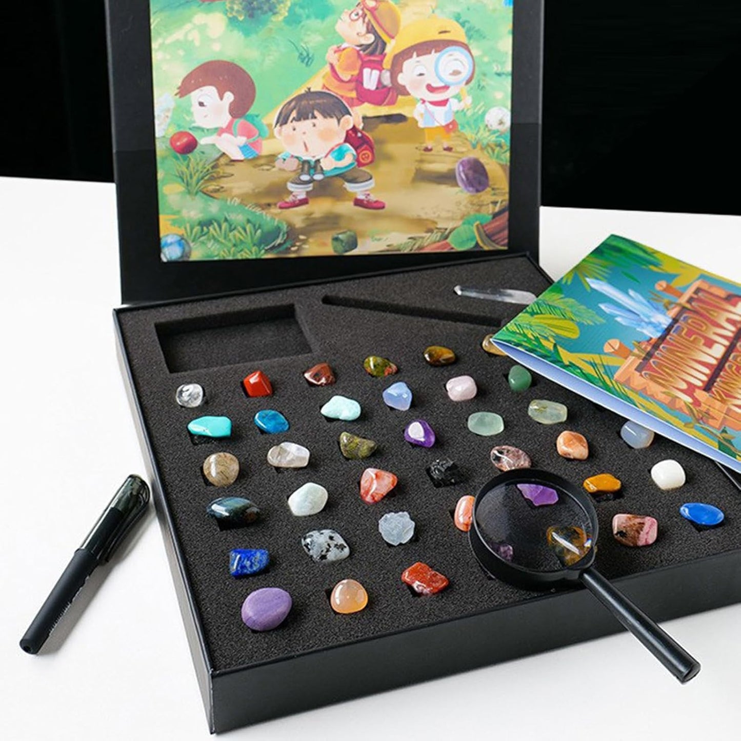 43 Pieces Rock Kit for Geology Enthusiasts | Rock Collection with Mineral Testing Tools, Crystal Geode Display & Volcanic Samples | Beginner to Advanced Specimen Study