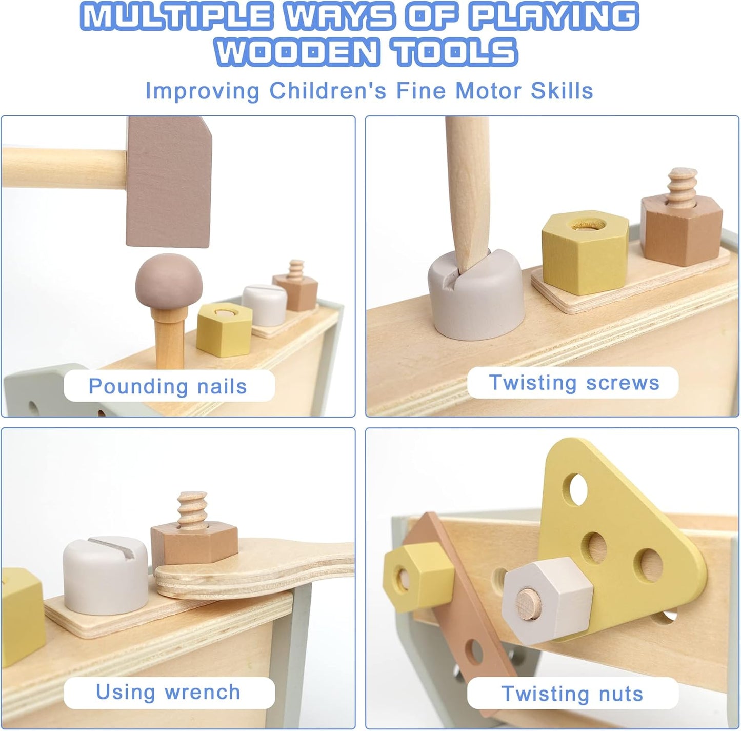 Montessori Wooden Tools Kit Toddler Educational Construction Kids Toys Sets Play Box Preschool Play Tool Wooden Construction Toy(Yellow)