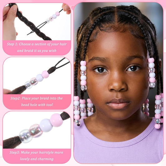 Hair Beads for Girls Hair 60pcs Acrylic Pony Hair Bead Bulk for Braids Dreadlock Beads for Kids Hair Bracelets Crafts(Pink)