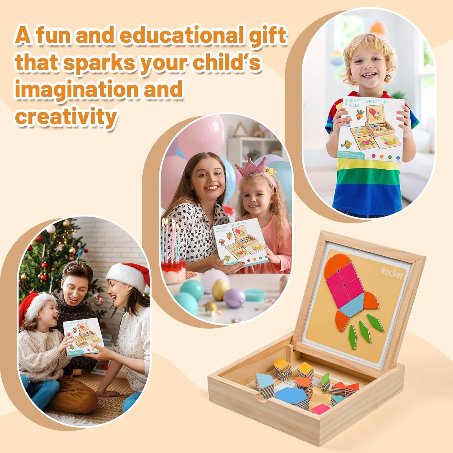 130 Pcs Wooden Magnetic Pattern Blocks Set, Montessori Tangram Puzzle with Pattern Cards & Storage Box, STEM Educational Toy for Toddlers & Kids Ages 4–8, Creative Gift for Boys & Girls