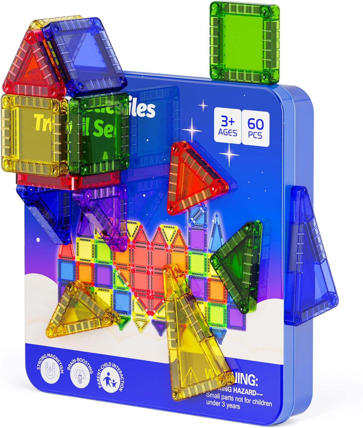 Magnetic Tiles for Kids Ages 4-8, Magnetic Blocks Travel Set with Diamond Surface & Metal Storage Box, 60PCS STEM Learning Toys, Educational Building Gifts for 3-8 Year Olds