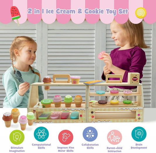 SIMPLIPLAY 2 in 1 Portable Wooden Ice Cream Toy & Cookie Play Set (63pcs), Slice and Bake Cookies, Scoop and Serve Ice Cream Counter with Pretend Play Food, Play Kitchen Accessories, Kids Gift Ages 3+