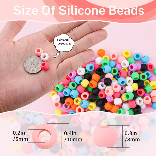 150Pcs 10mm Small Silicone Beads for Hair Braids, Soft Jellyish Pony Hair Beads with 5mm Hole + 50 Rubber Bands and 1 Beader for Braiding, DIY Bracelets Necklaces Crafts (Pink)