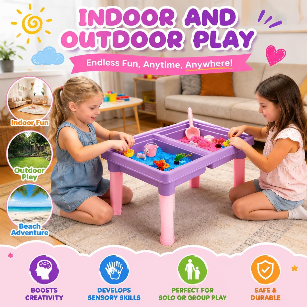 Carolart Ocean Sensory Table with Sands, Bin with Lid, Indoor Outdoor Use, Sand Art Kit for Boys and Girls, Toys for Toddlers Age 3-5, 17x11.5x10.2 Inches