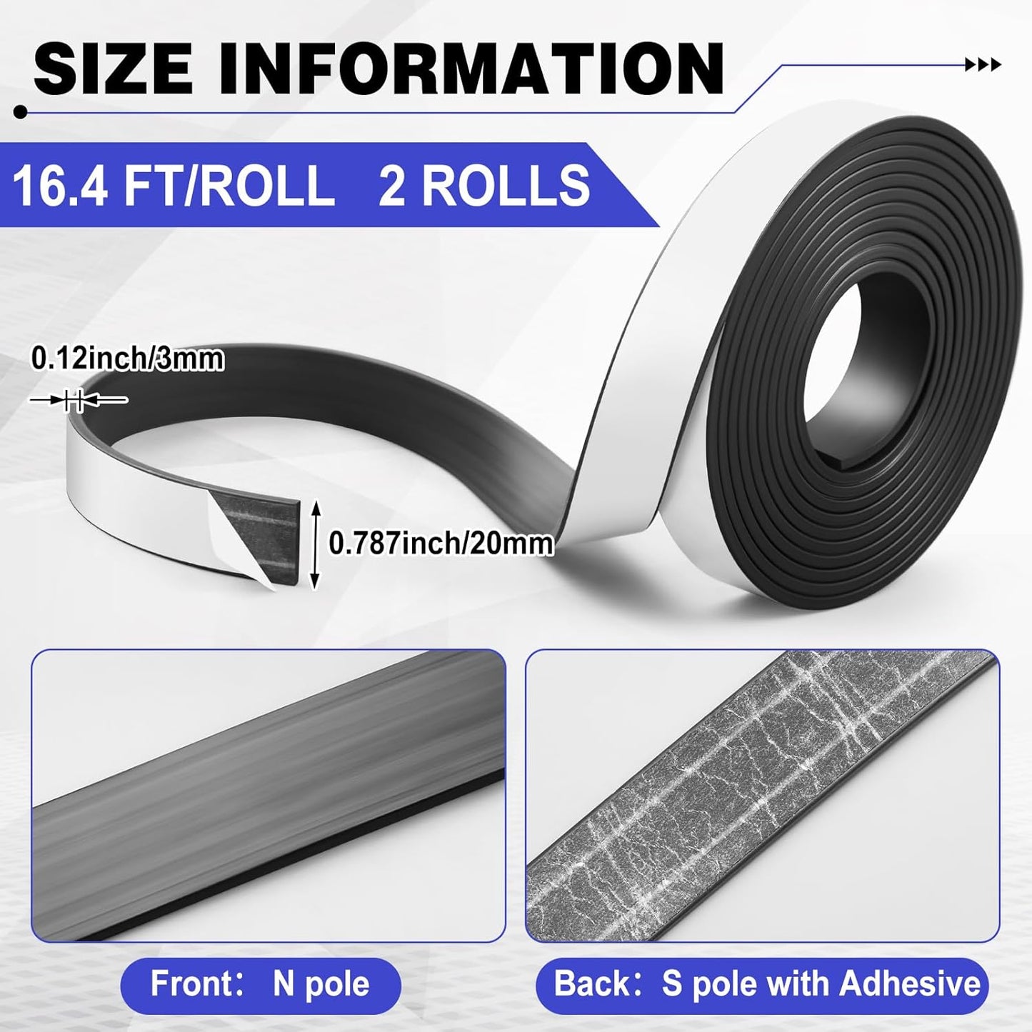 Sabary 2 Roll Monopolar Magnetic Tape 10 feet x 0.8 Wide x 0.12 Thick with Strong Adhesive Backing Anisotropic Flexible Magnetic Strip for Maglev Train Science Project