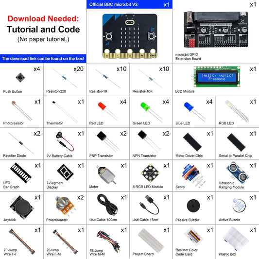 Freenove Super Starter Kit for BBC Micro:bit (Not Included, Works with V1 & V2), 266-Page Detailed Tutorial, 191 Items, 38 Projects, Blocks and Python Code